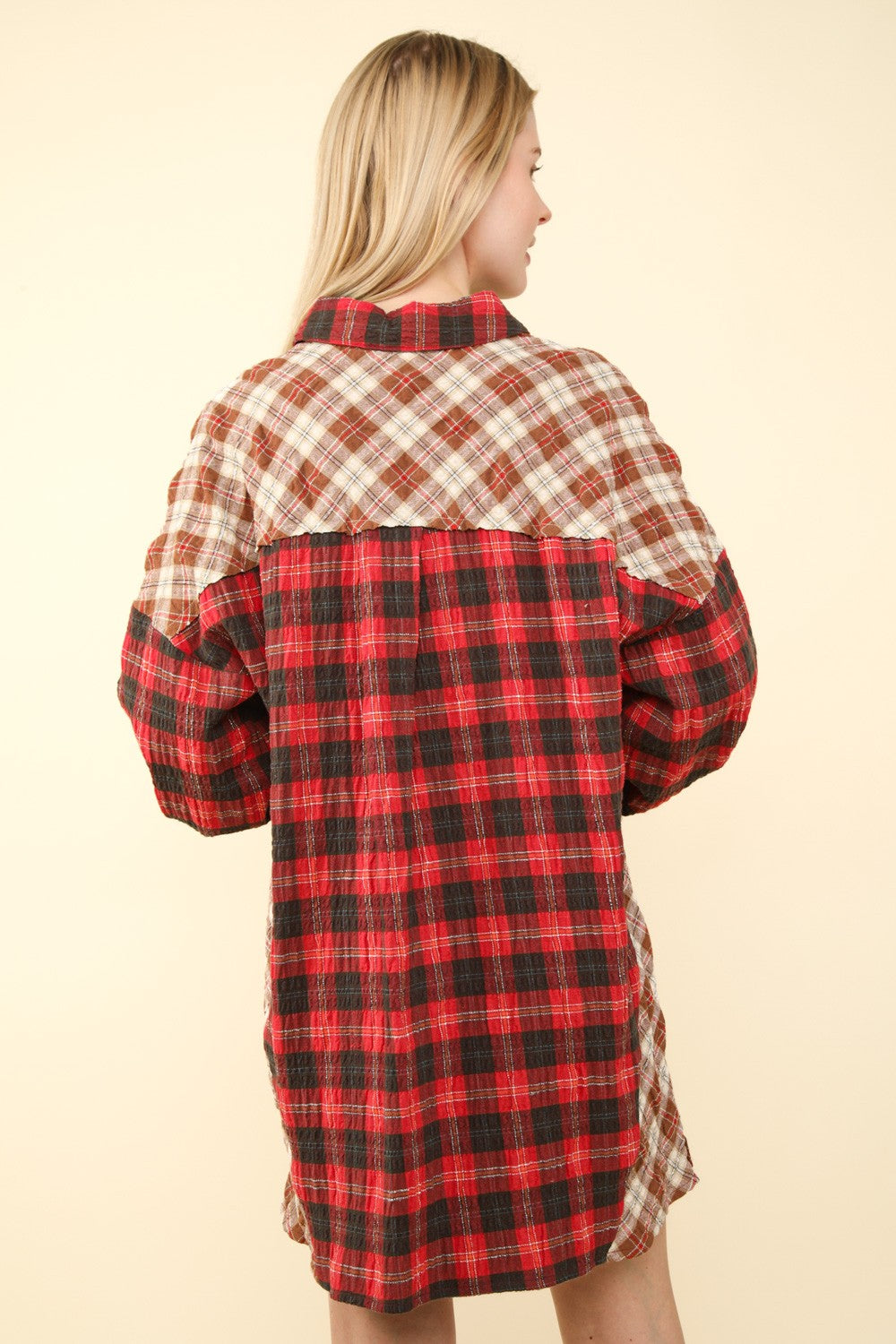 Oversized contrast Plaid Casual Shirt Dress - Red