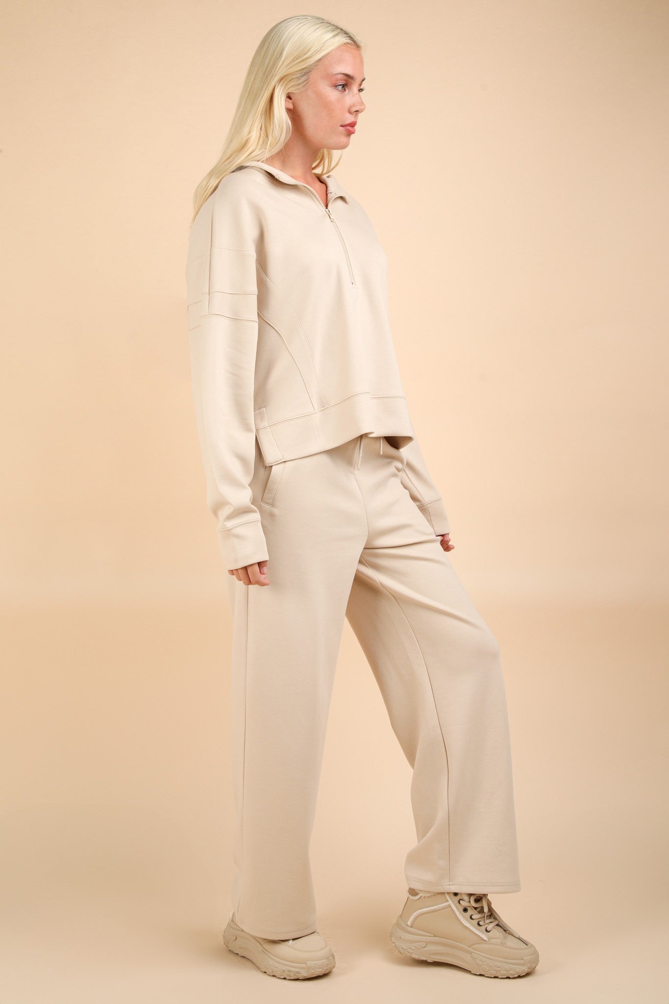 Oversized Knit Loungewear Top & Pants Set - Ecru