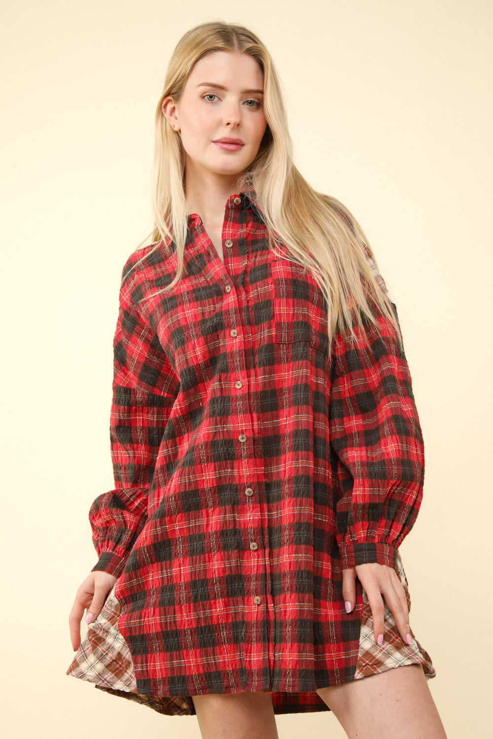 Oversized contrast Plaid Casual Shirt Dress - Red