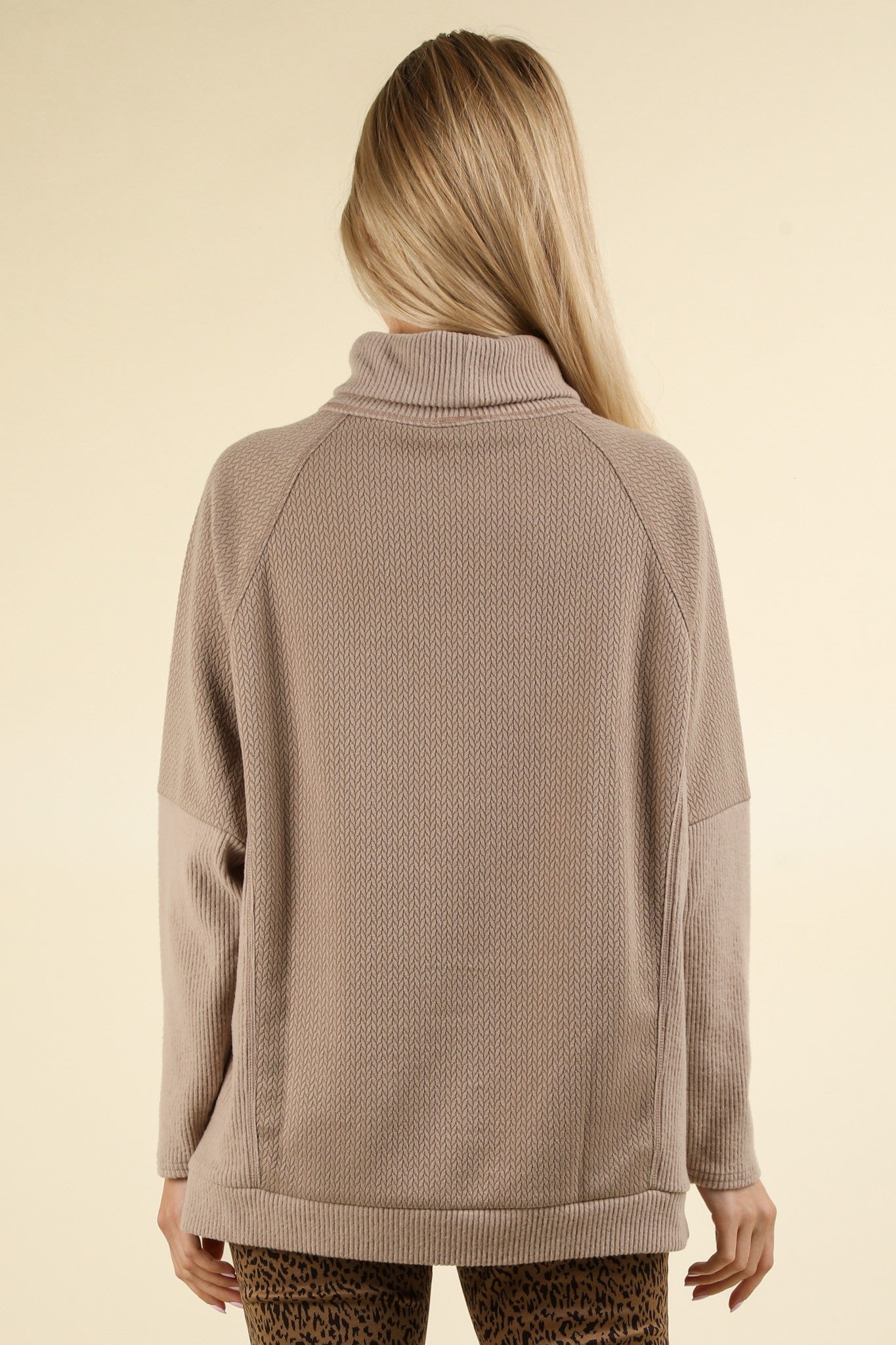 Contrast Soft Knit Mock Neck Oversized Top - Mocha