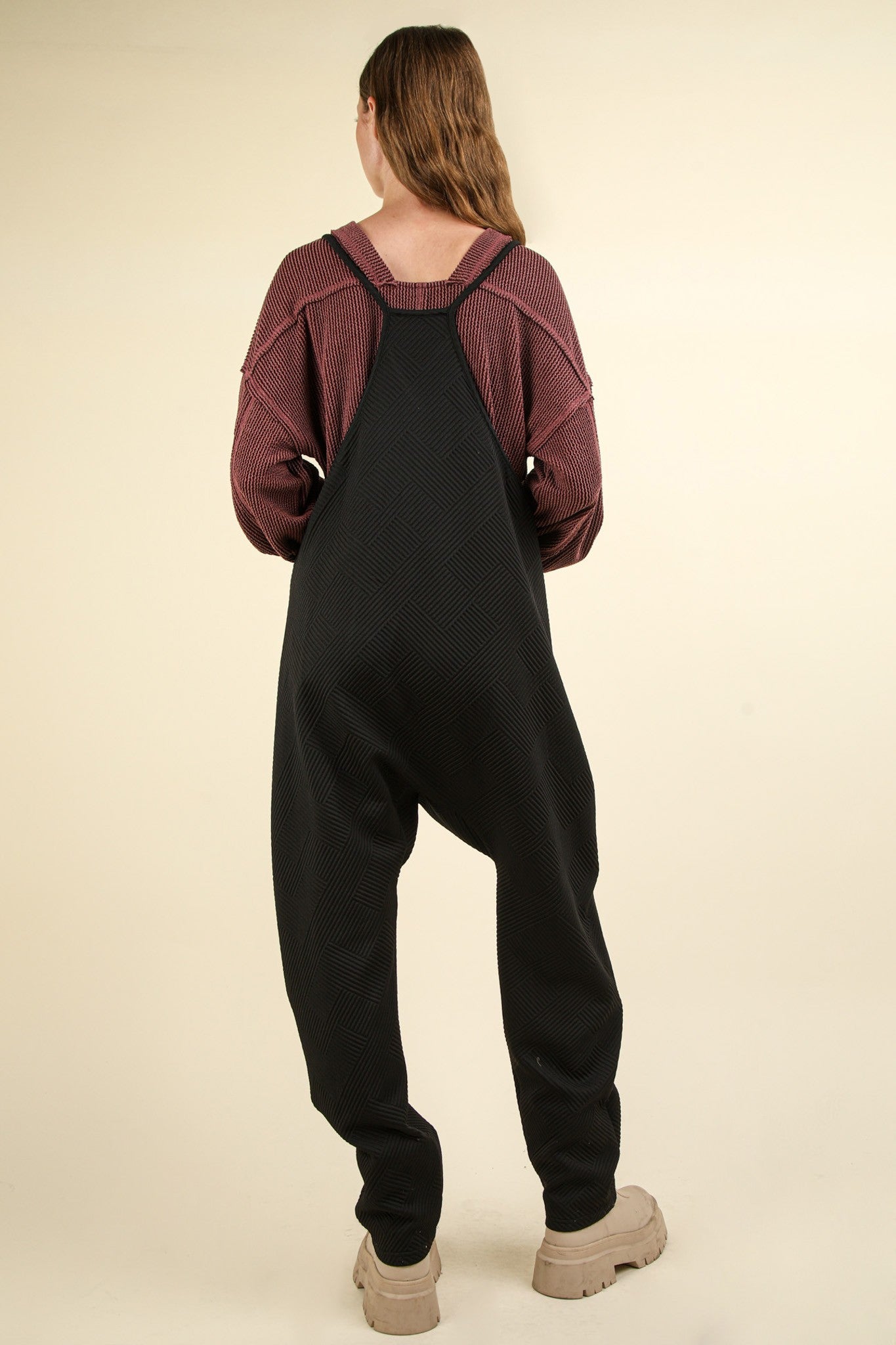 Quilted Loose Fit Casual Baggy Knit Jumpsuit - Black
