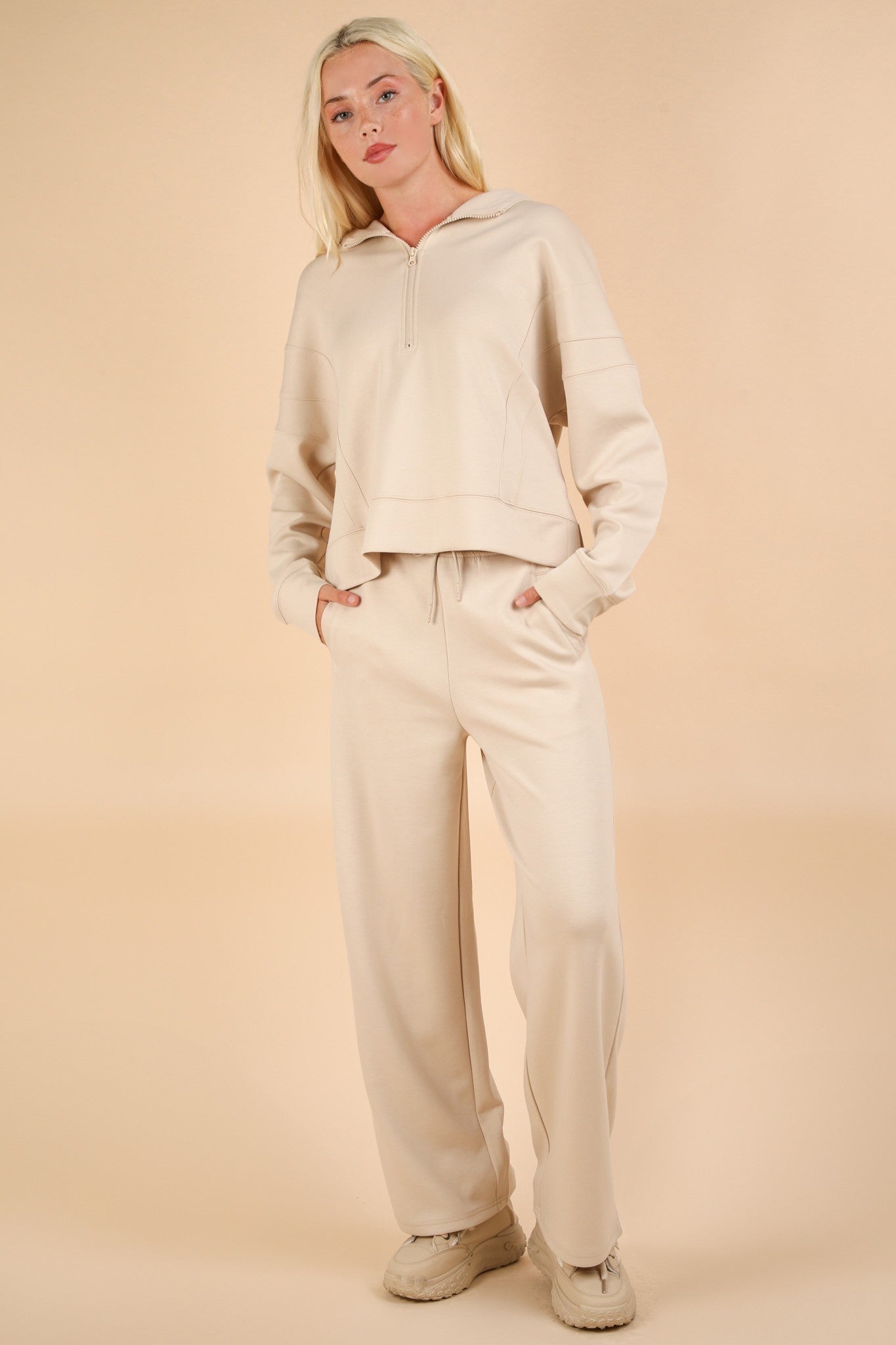 Oversized Knit Loungewear Top & Pants Set - Ecru