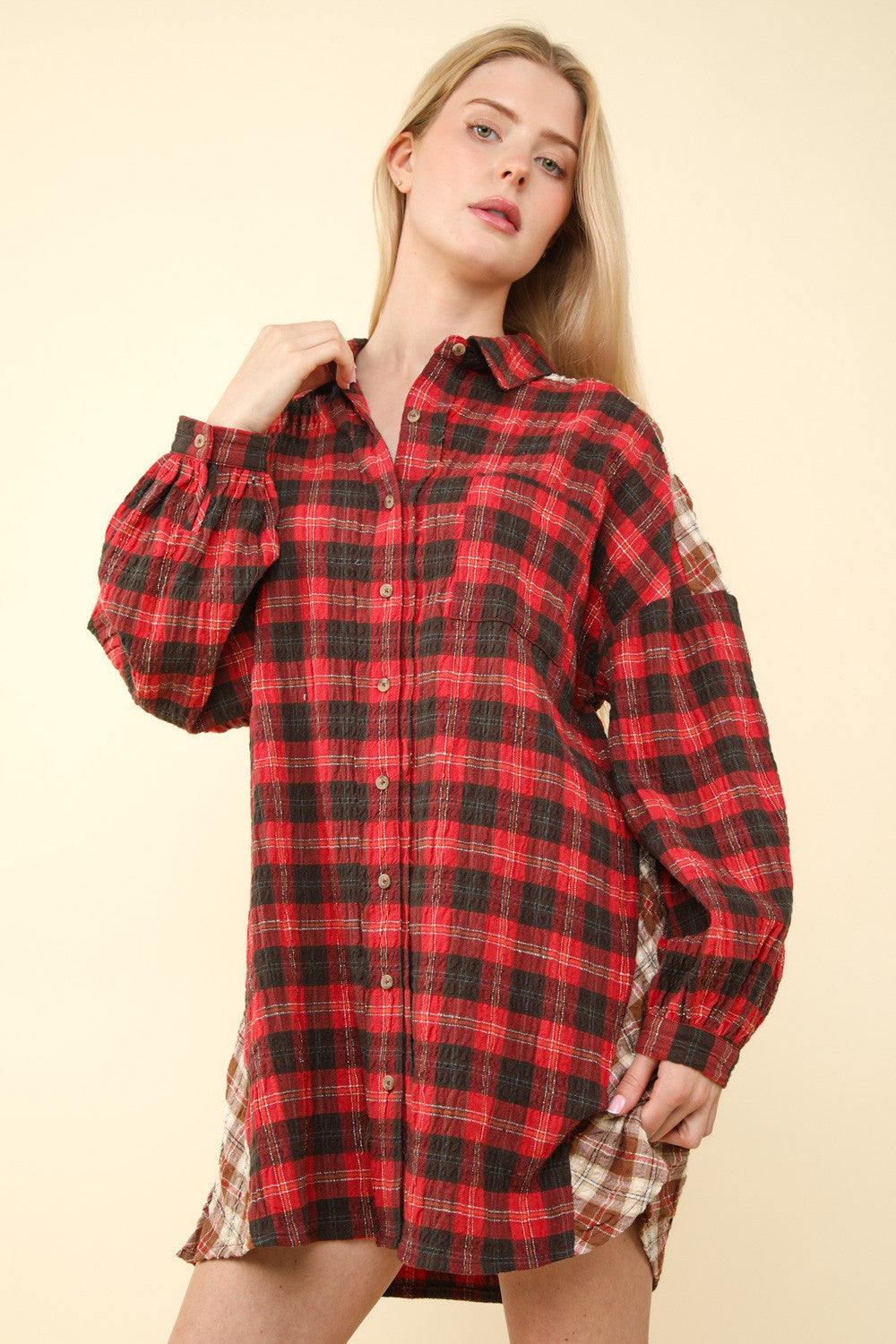 Oversized contrast Plaid Casual Shirt Dress - Red