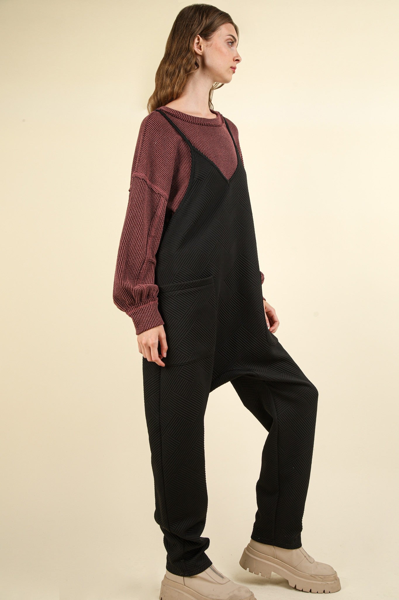 Quilted Loose Fit Casual Baggy Knit Jumpsuit - Black