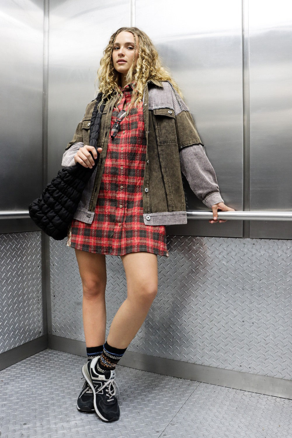 Oversized contrast Plaid Casual Shirt Dress - Red