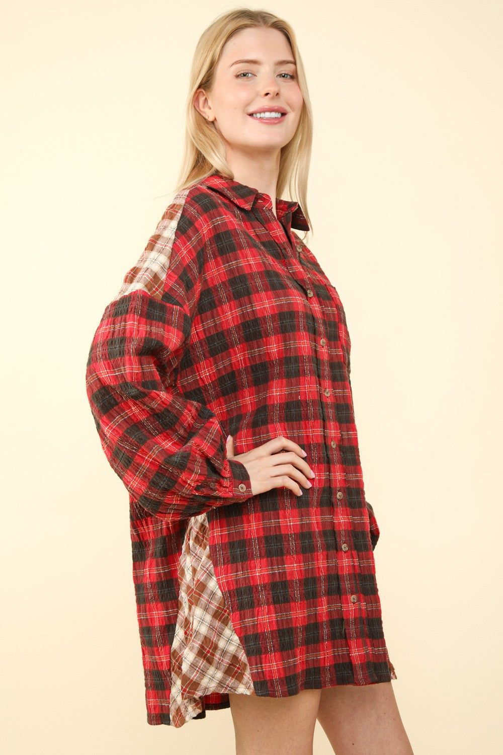Oversized contrast Plaid Casual Shirt Dress - Red