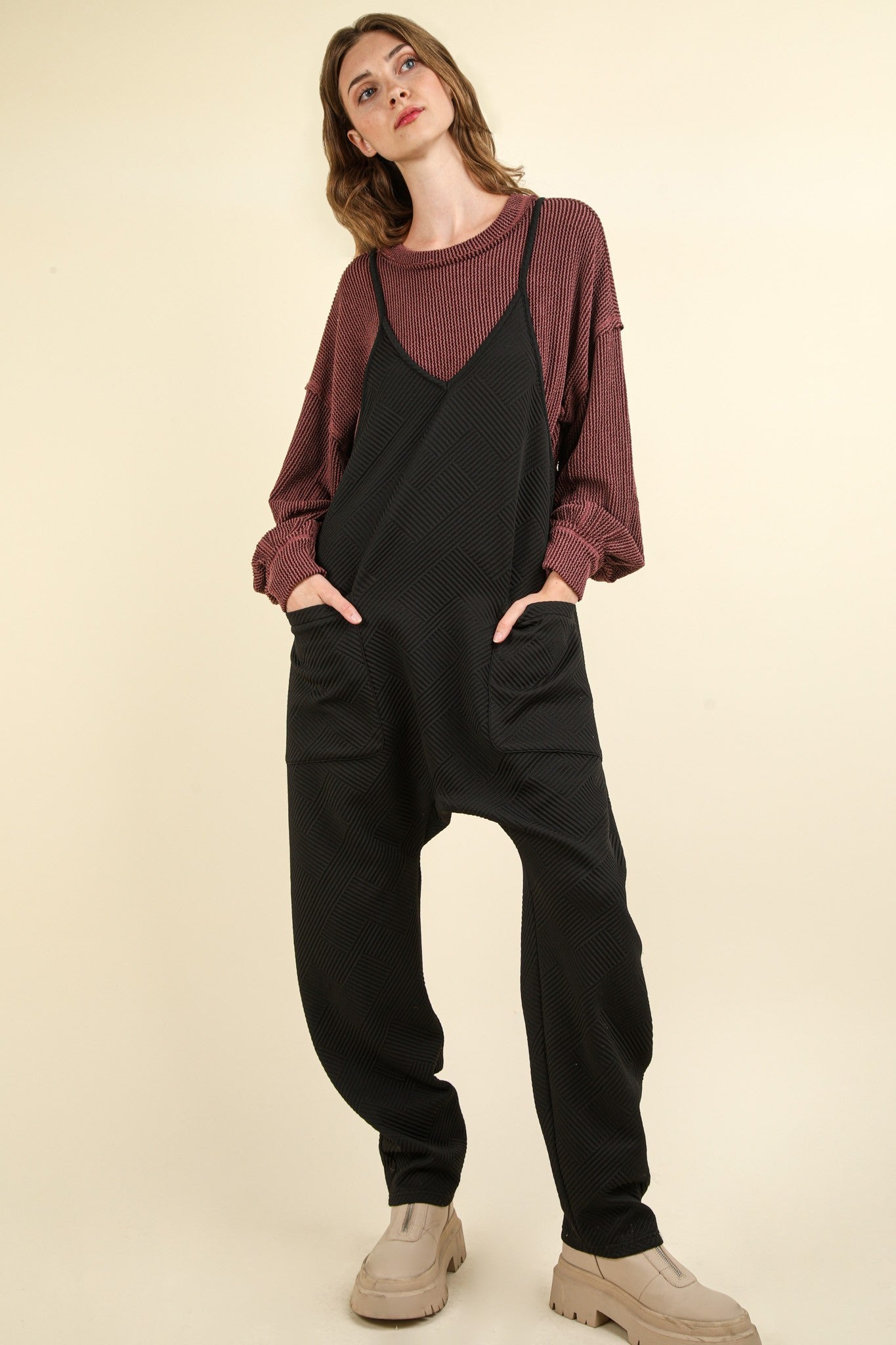 Quilted Loose Fit Casual Baggy Knit Jumpsuit - Black