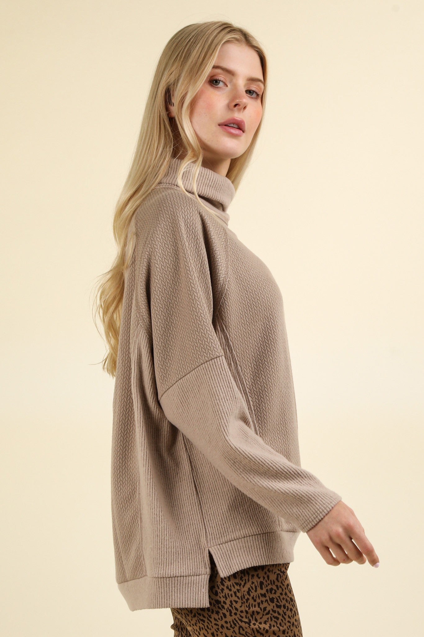 Contrast Soft Knit Mock Neck Oversized Top - Mocha