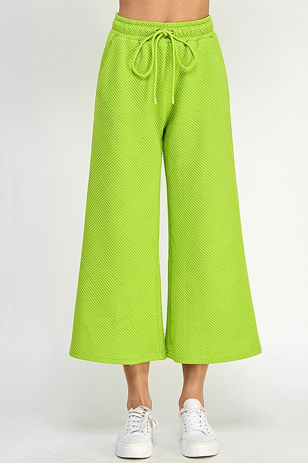 Geo Ribbed Cropped Wide Pants - Lime