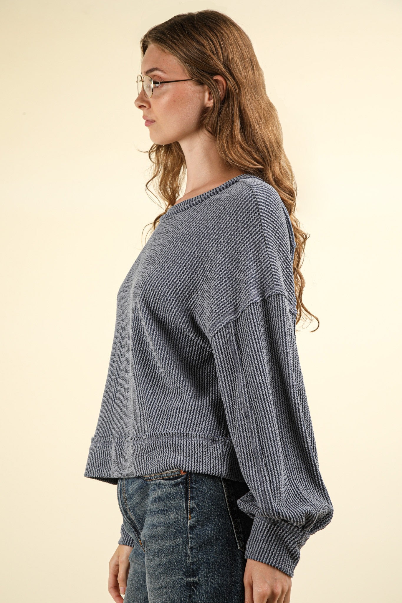 Two Tone Otto Ribbed Oversized Soft Comfy Knit Top - Denim