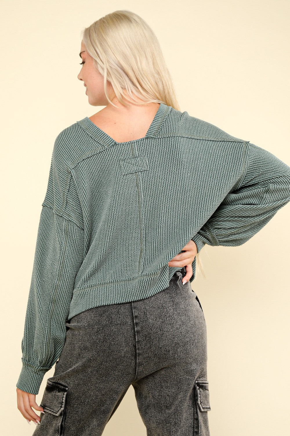 Two Tone Otto Ribbed Oversized Soft Comfy Knit Top - Moss