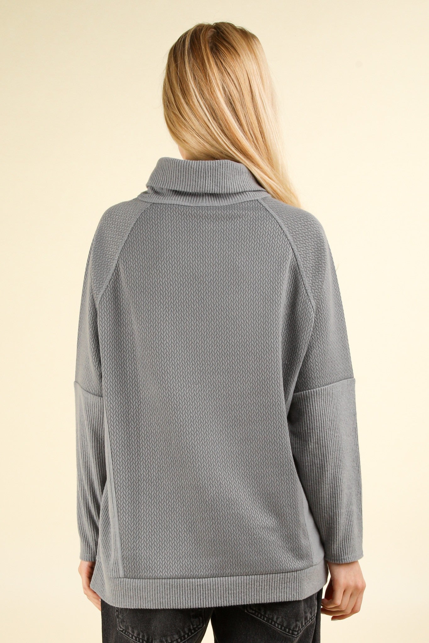 Contrast Soft Knit Mock Neck Oversized Top - Charcoal