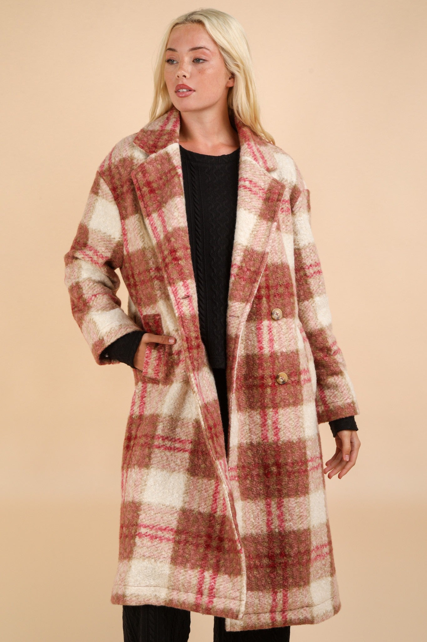 Oversized Plaid Button Down Long Coat - Rose Mix