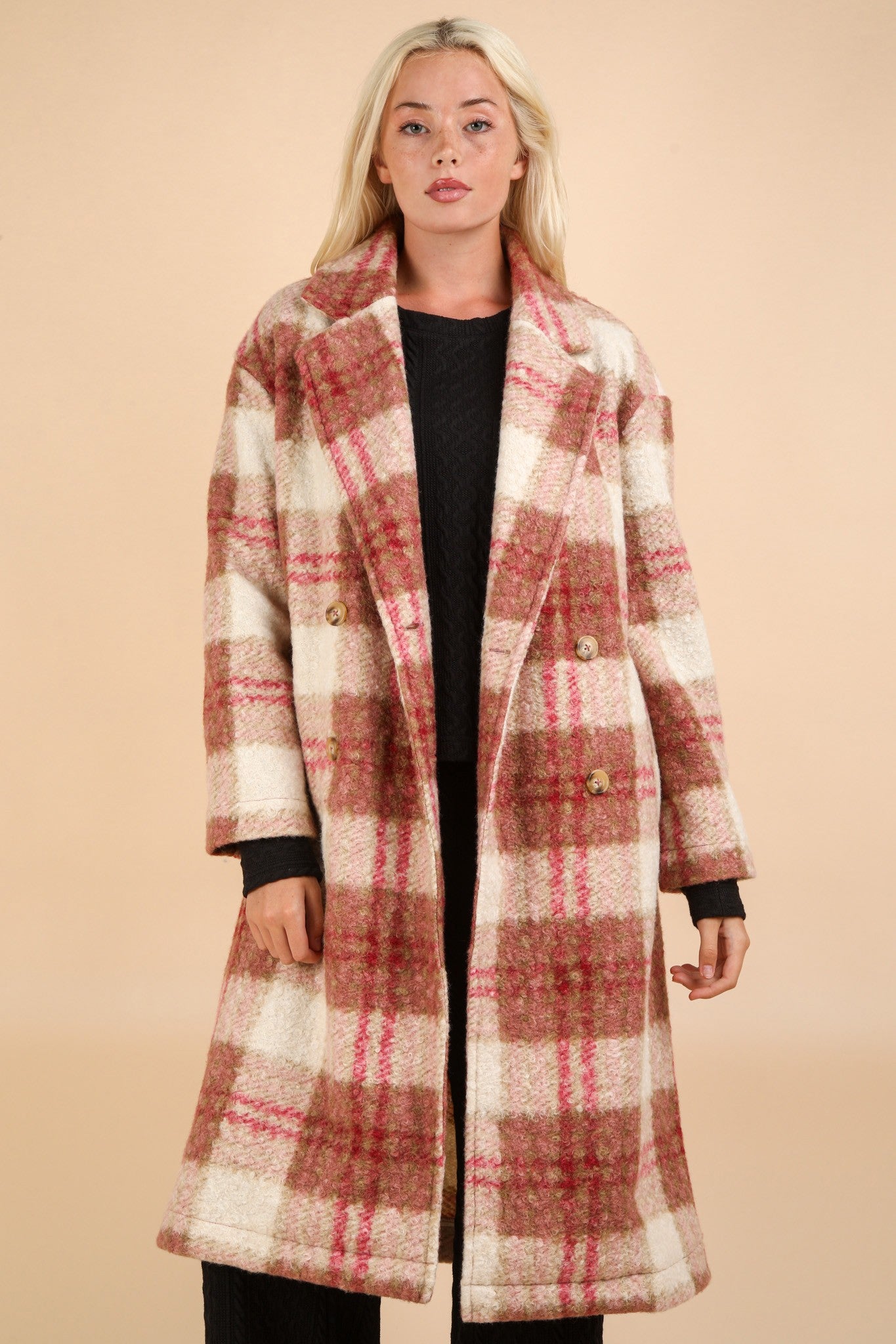 Oversized Plaid Button Down Long Coat - Rose Mix