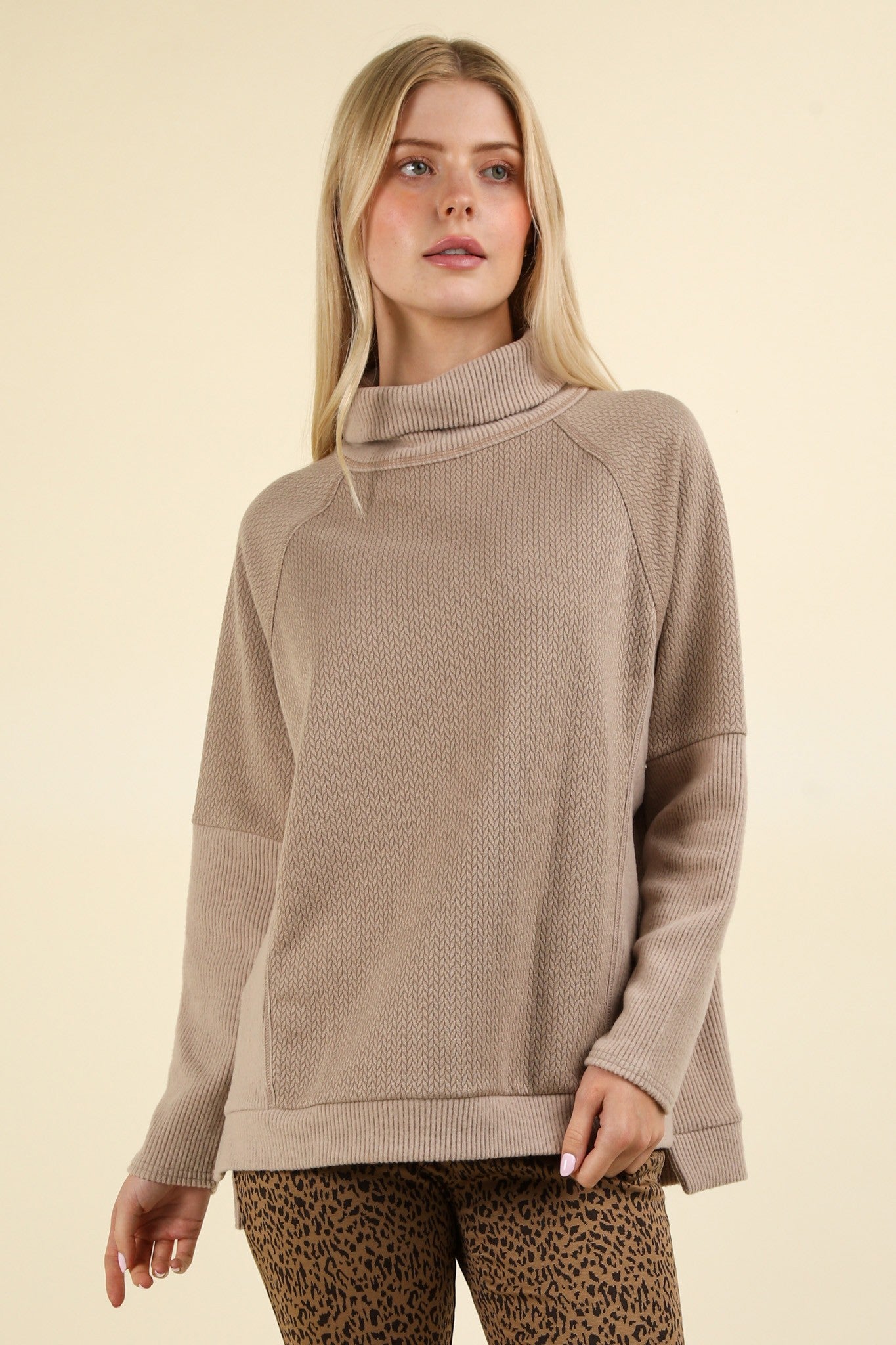 Contrast Soft Knit Mock Neck Oversized Top - Mocha