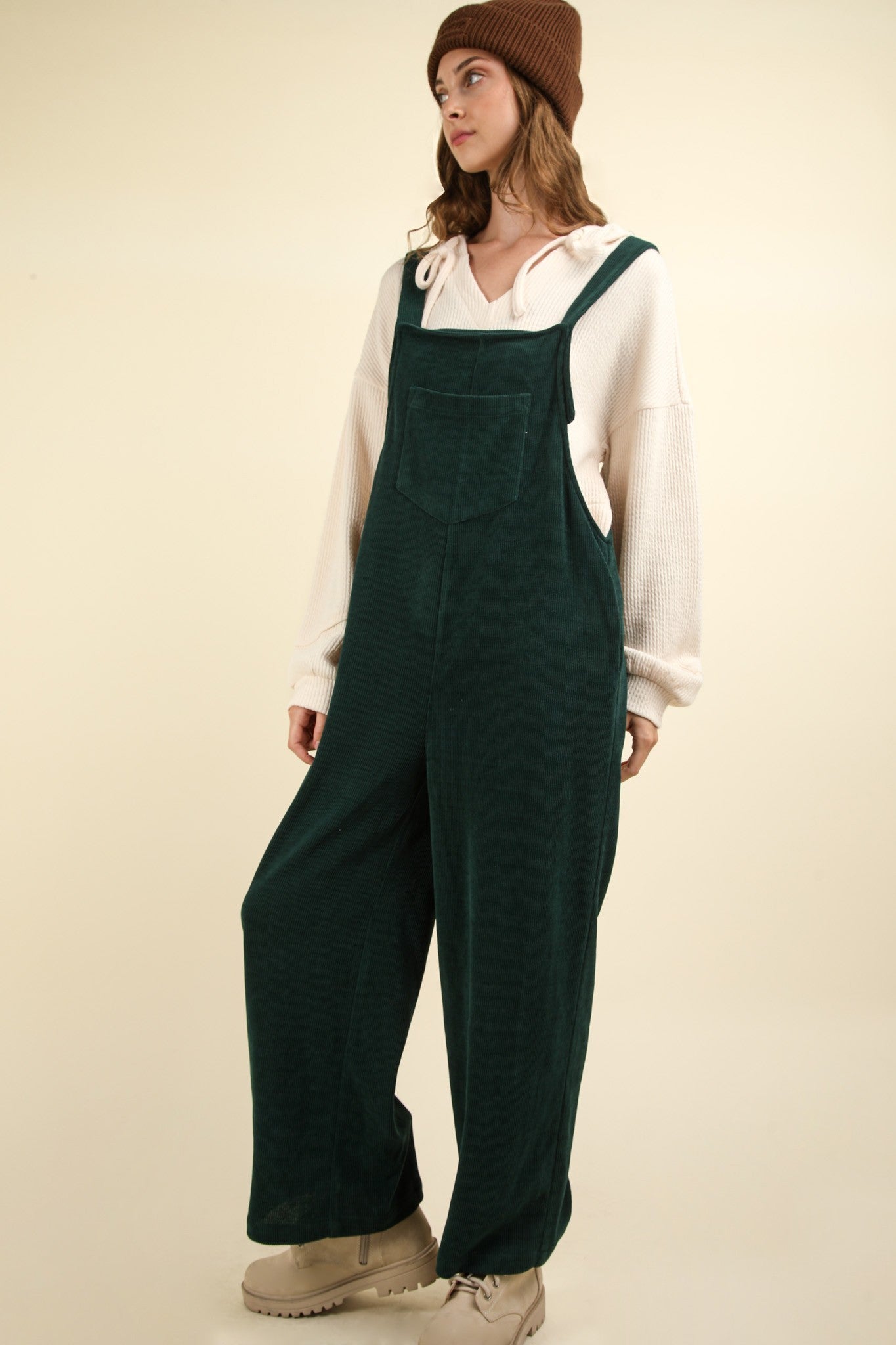 Soft Corduroy Straight Leg Overall Jumpsuit - Forest