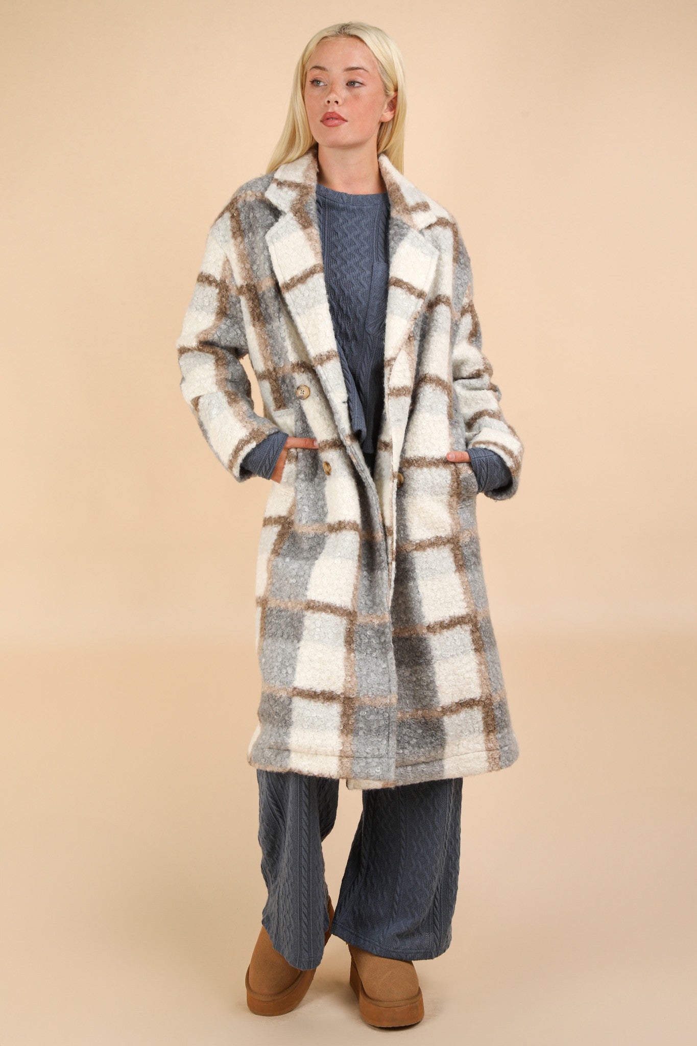 Oversized Plaid Button Down Long Coat - Gray Mix