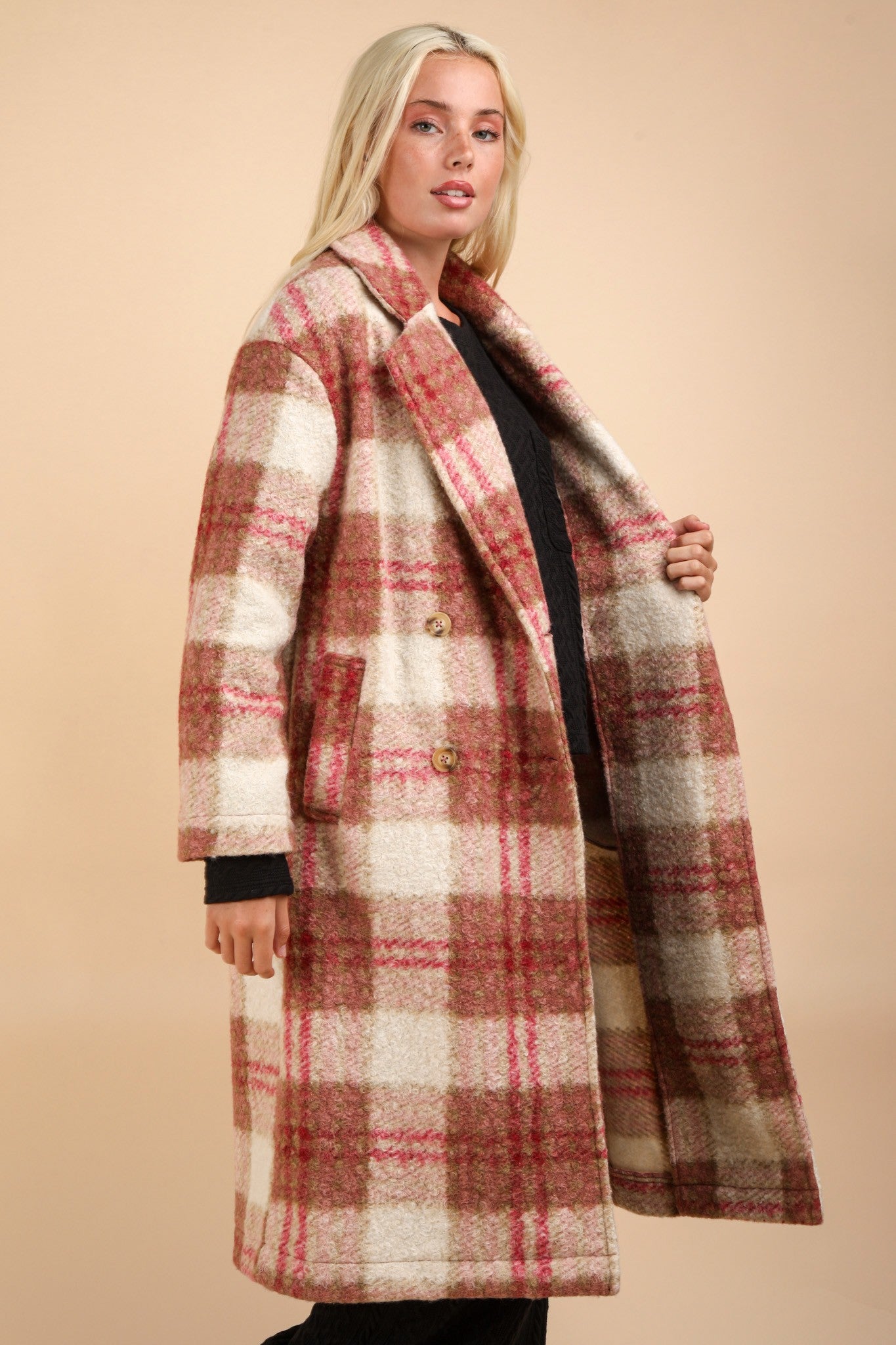 Oversized Plaid Button Down Long Coat - Rose Mix