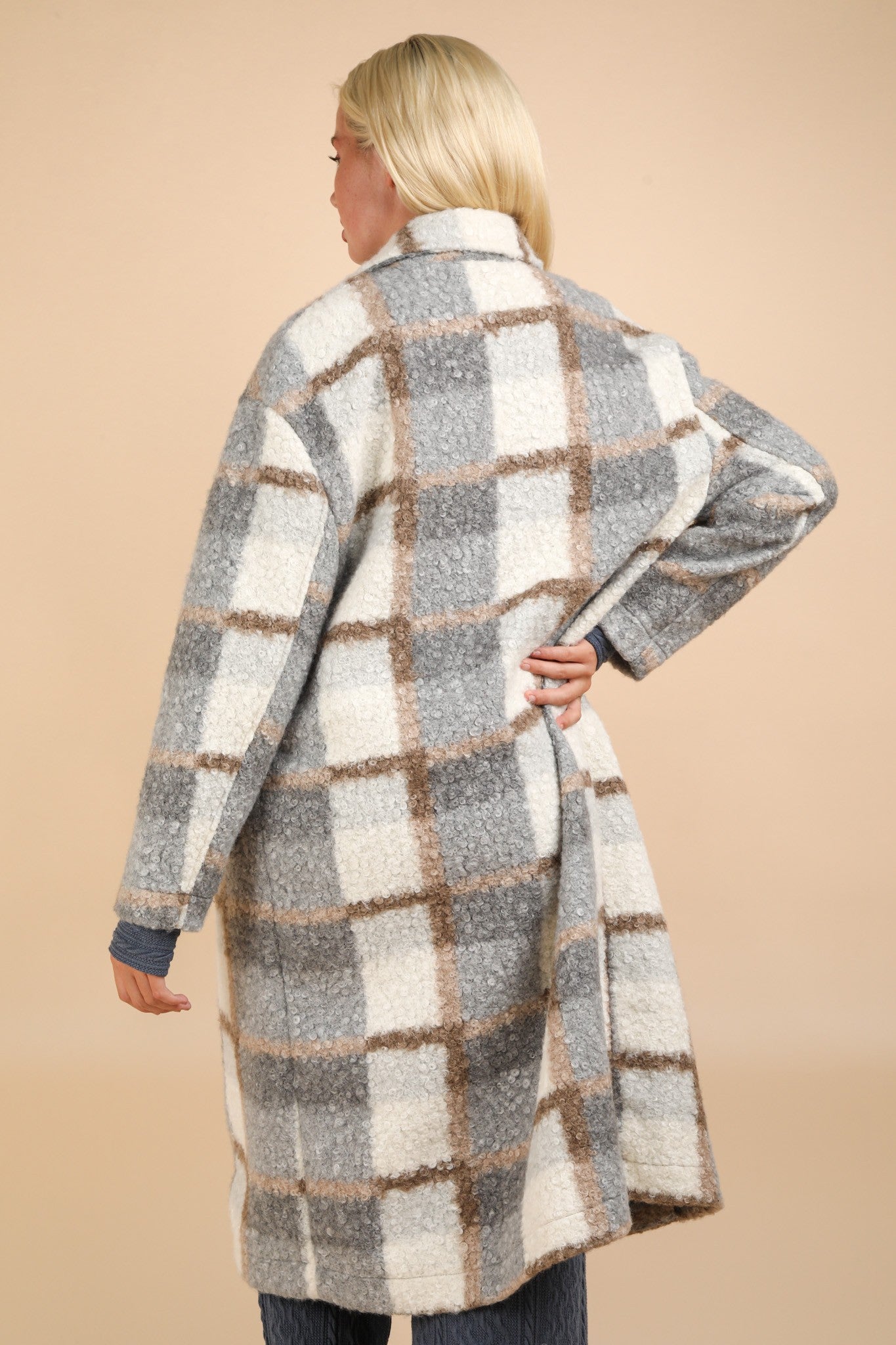 Oversized Plaid Button Down Long Coat - Gray Mix