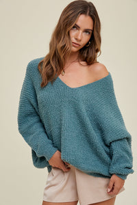 Oversized V-Neck Sweater - Tea Green