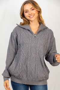 Cable Knit Quarter Zip Sweater - Grey