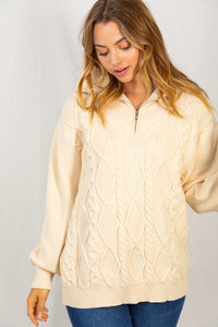 Cable Knit Quarter Zip Sweater - Oatmeal