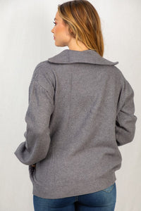 Cable Knit Quarter Zip Sweater - Grey