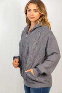 Cable Knit Quarter Zip Sweater - Grey
