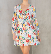 Long Sleeve Abstract Floral Front Tie Mini Dress